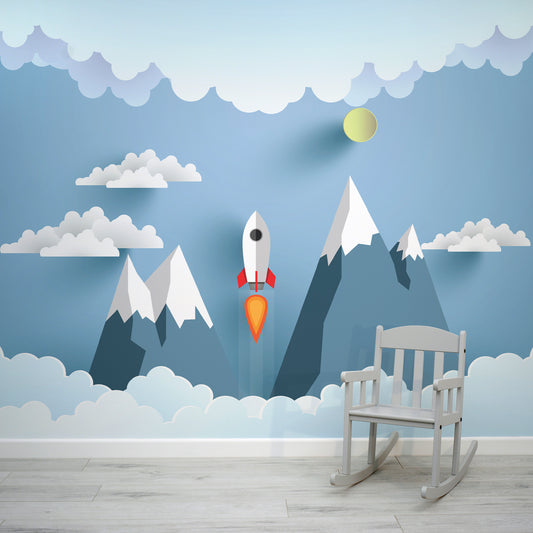 Skyrocket Wallpaper In Room With Rocking Baby Wooden Chair In Grey