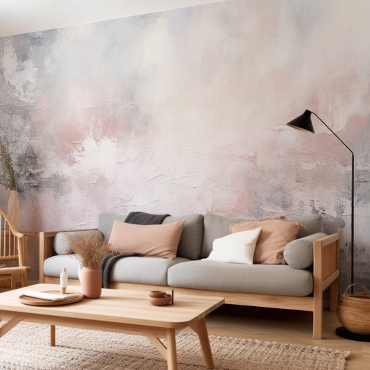 Stone Wall Serenity Wallpaper In eige & Tan Wooden Sofa With Grey Cushioning & Black Lampshade