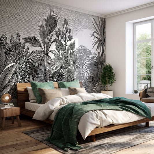 The Tropcis Wallpaper In Bedroom With Green Bedding And Wooden Bed With Large Window Letting Lots Of Light In