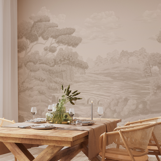 Dining room with wooden table and chairs against a wall with nature-themed wallpaper