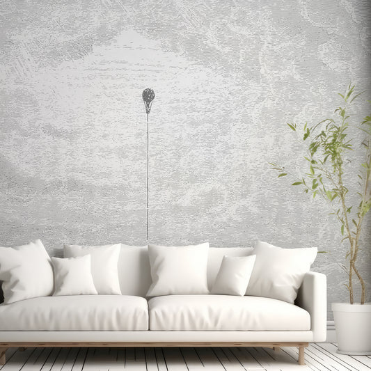 Theo Cloud Wallpaper In Living Room With White Sofa And Green Plant In White Plant Pot