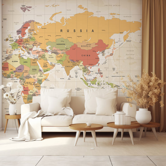 Tribution Wallpaper In Living Room With Cream Sofa With Three Small Wooden Coffee Tables And Golden Curtain