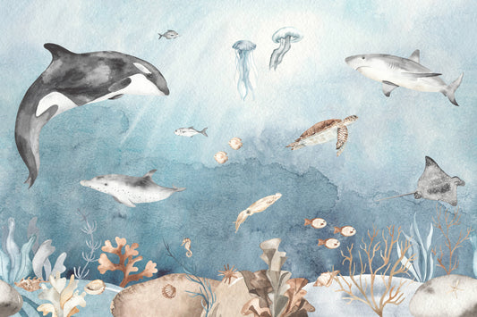 Underwater Fun Watercolour Underwater Animals and Fish Children's Wallpaper Mural Artwork