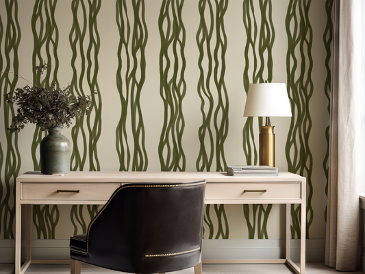 Modern office setup with a desk, chair, and decorative elements against a patterned wall.