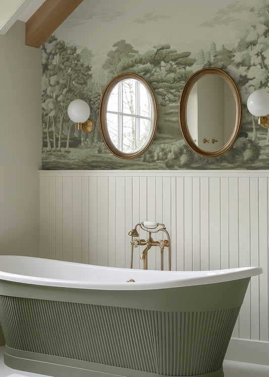 Bathroom with green freestanding bathtub, gold fixtures, and wall mirrors with nature-themed wallpaper.