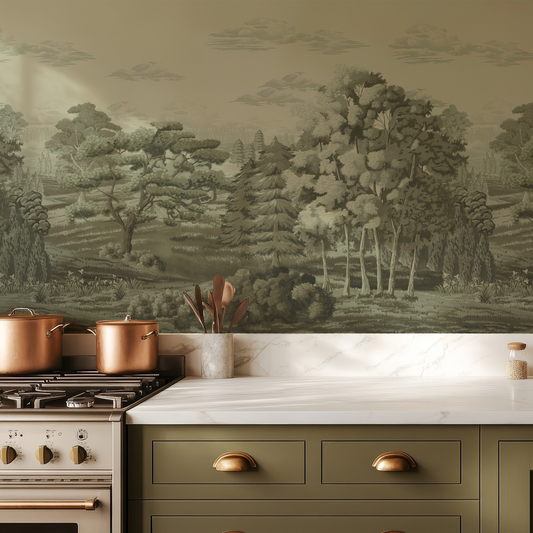 Kitchen with green cabinetry and a forest mural on the wall