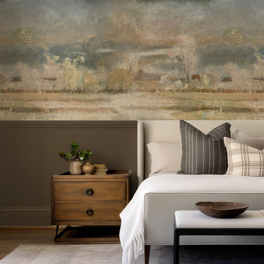 Wren in dark bedroom with brown wainscoting