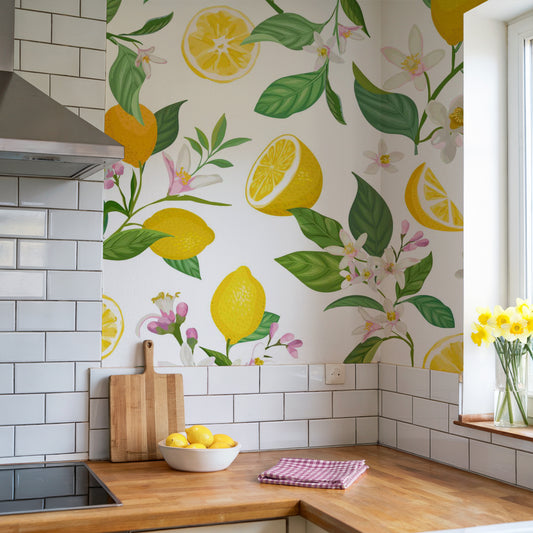 Zesty White in Kitchen with wooden counter and daffodils