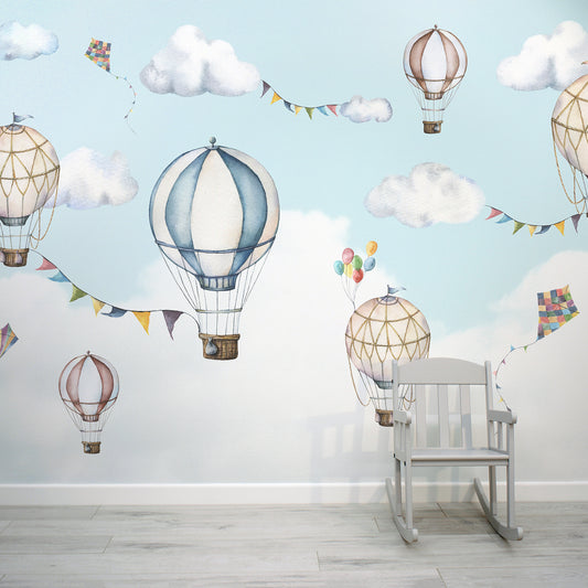 Balloons Hot Air Balloons Children's Watercolour Sky Scene Wallpaper Mural with Kid's Chair