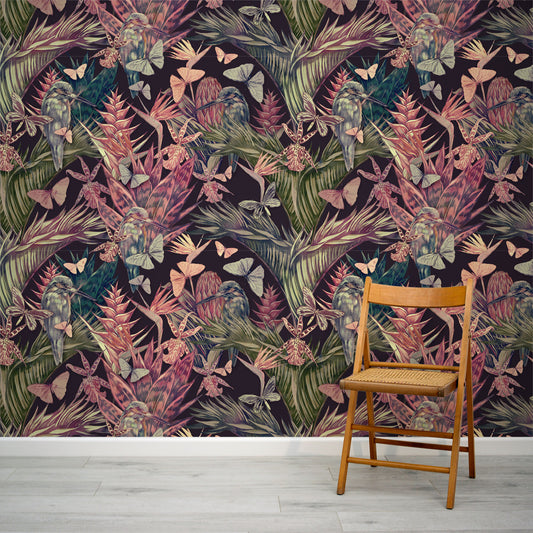 Calla - Dark Purple Hummingbird and Butterfly Floral Wallpaper Mural