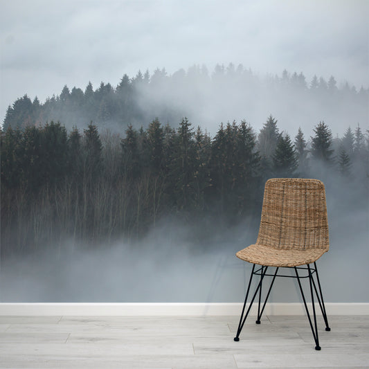 Misty Woodland Forest Scene Compley Wallpaper Mural with Rattan Chair
