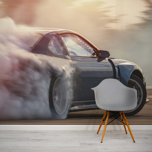 Drift Racing car tree smoke boys wallpaper mural by WallpaperMural.com