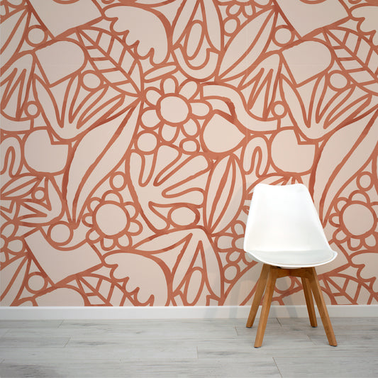 A fun orange floral doodle wallpaper mural