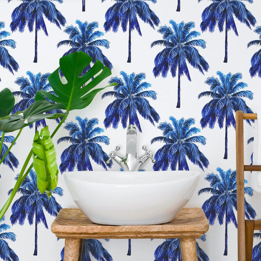 Moana Blue Palm Trees Wallpaper Mural in a Bathroom
