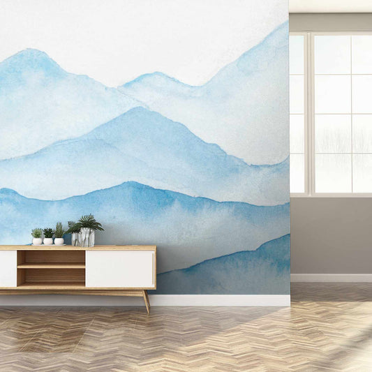 Wall mural in minimalist living space with parquet flooring