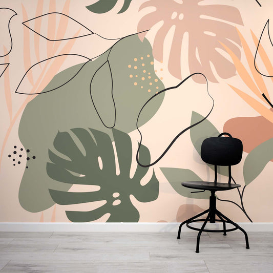 Foliage leafy abstract boho wallpaper mural with a modern black chair