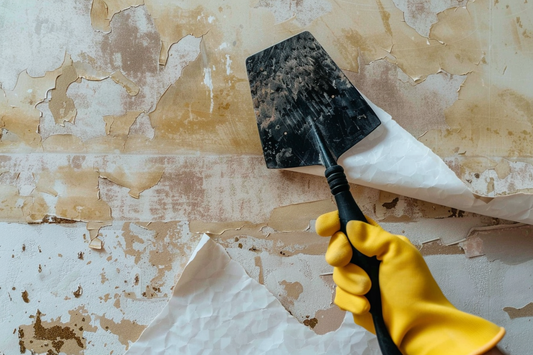 Image of a wallpaper removal tool being used on a wall with wallpaper with bits of wallpaper peeling off