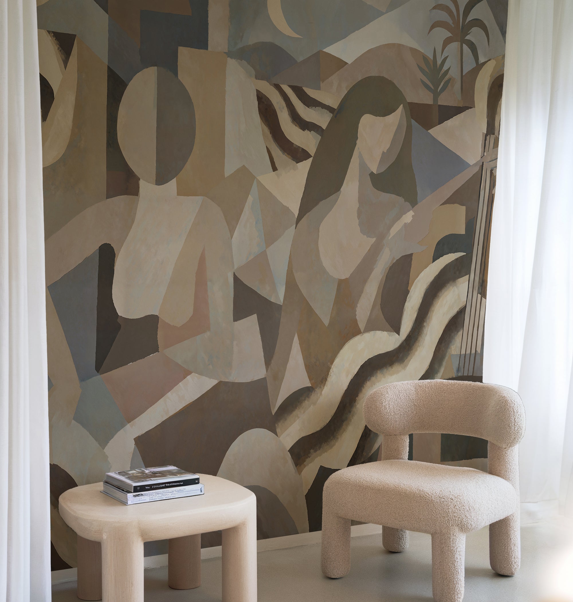 Wall Mural - Mid-Century Blue Geometric Scene - Removable Vinyl (Peel & Stick) - Made to Measure