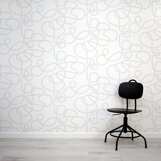 Abstract Curls Grey Wallpaper Mural with Black Chair