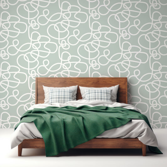Abstract Curls Mint In Bedroo With Wooden Queen Size Bed With Green And WHite Bedding
