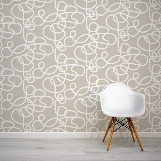 Abstract Curls Neutral Curled White Lines on Beige with White Eames Chair