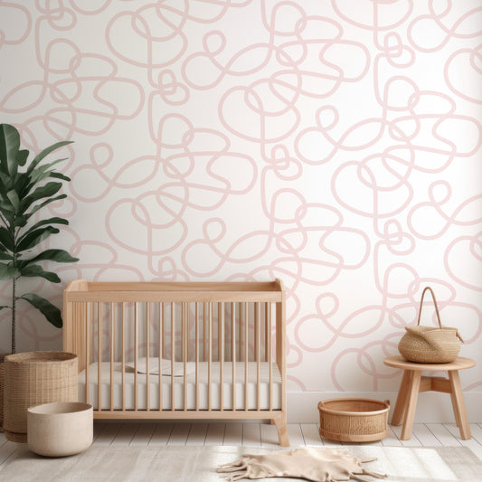 Abstract Curls Pink In Nursery With Wooden Crib And Green Plant And Wooden Stools