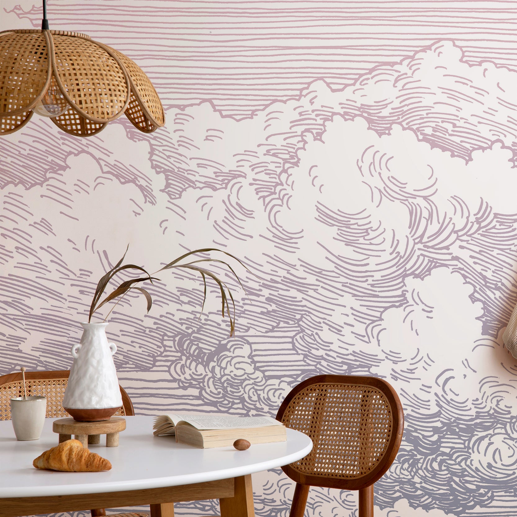 Wall Mural - Blue and Pink Gradient Clouds Etched Line Drawing Art - Removable Vinyl (Peel & Stick) - Made to Measure