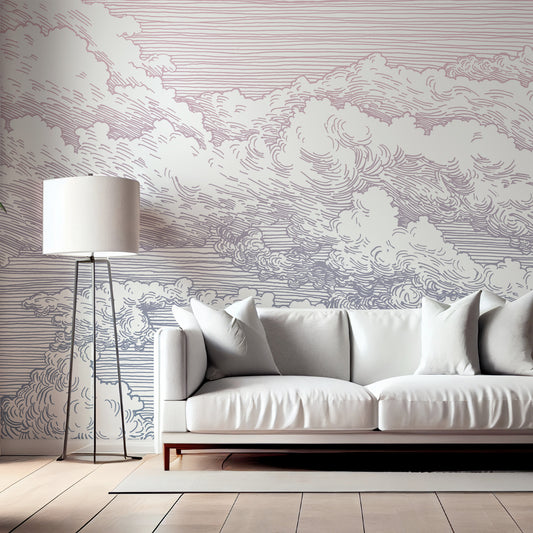 Abut Dreamy Wallpaper In Living Room WIth White Sofa & White Lamp Shade