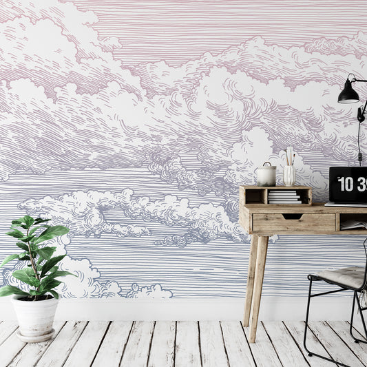 Abut Dreamy Wallpaper In Office With Desk & Laptop & Plant in White Plant Pot