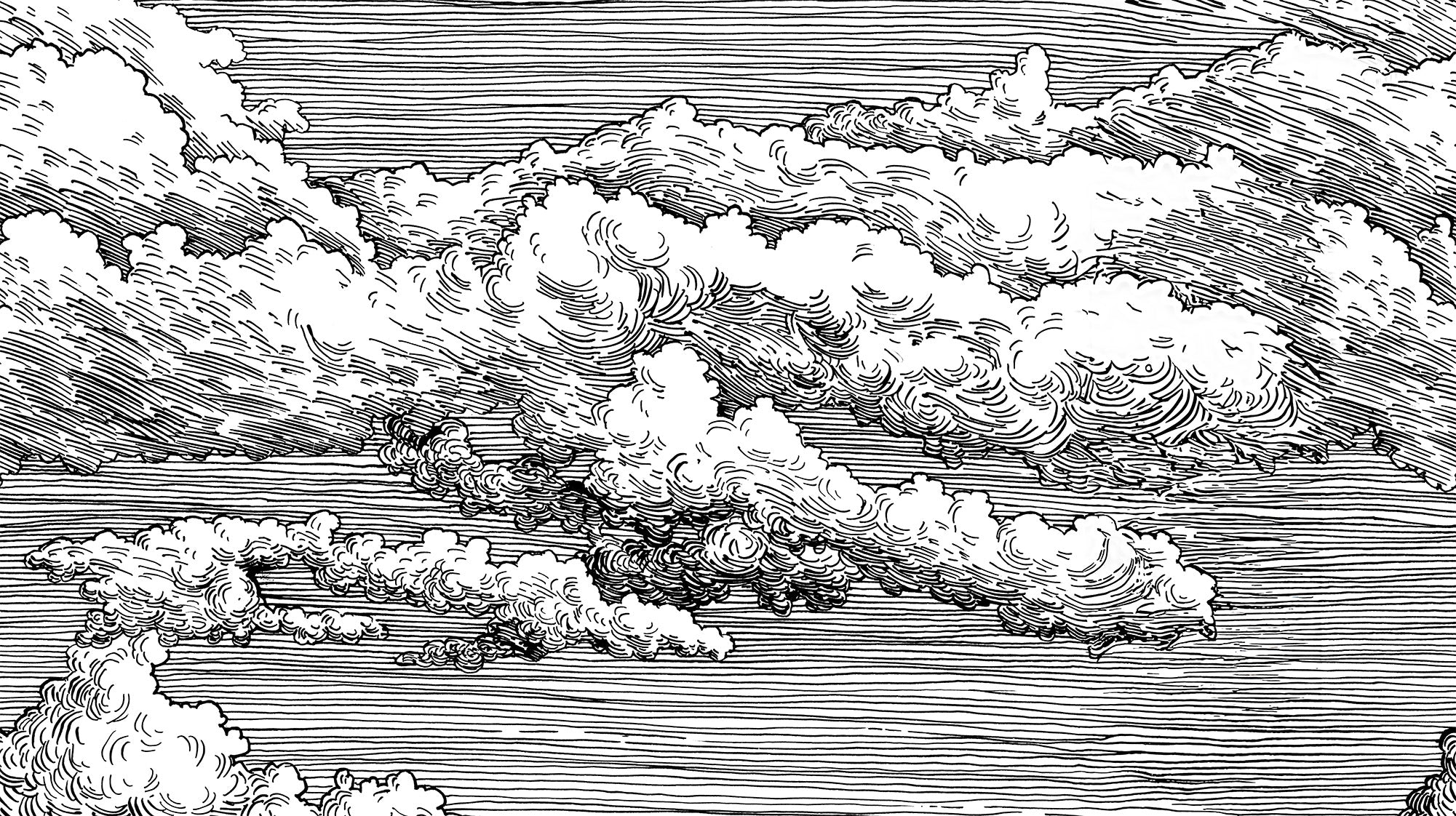 Abut - Mural de papel pintado con dibujo lineal monocromo de nubes en blanco y negro