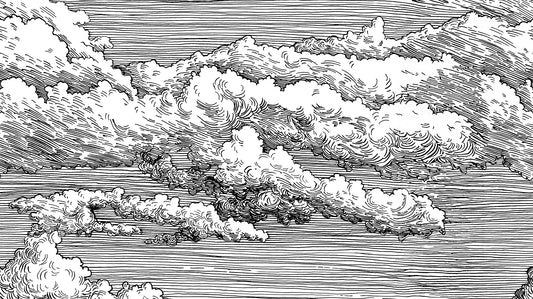 Abut - Mural de papel pintado con dibujo lineal monocromo de nubes en blanco y negro