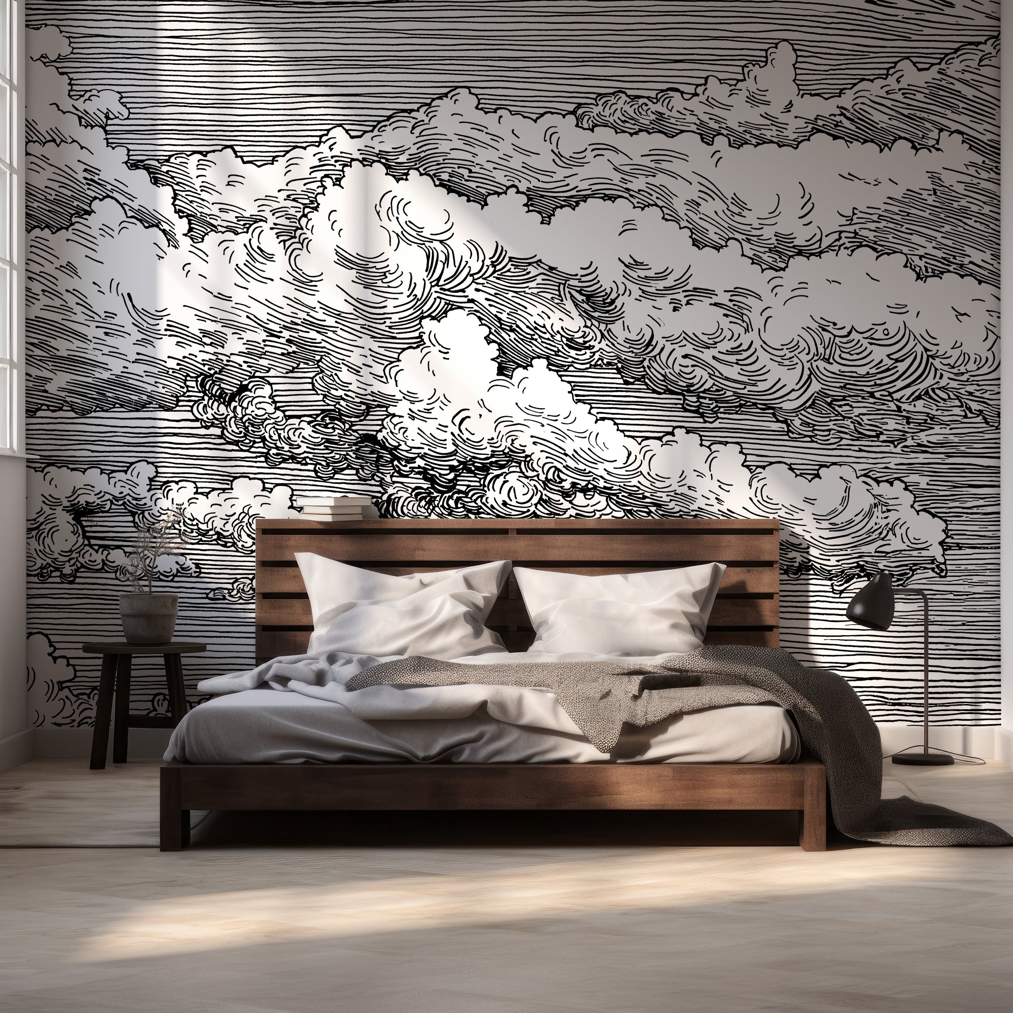Wall Mural - Black and White Monochrome Clouds Etched - Traditional Wallpaper (Paste-the-wall) - Made to Measure