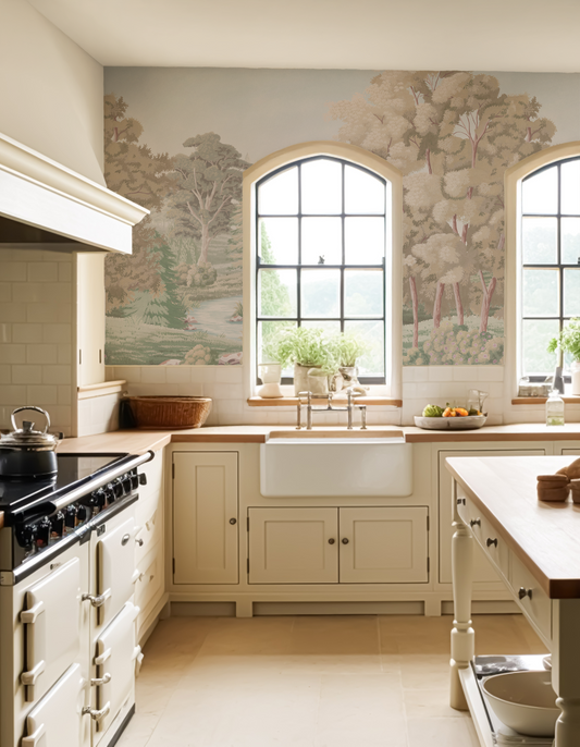 Kitchen with white cabinets, a large window, and decorative wall art.