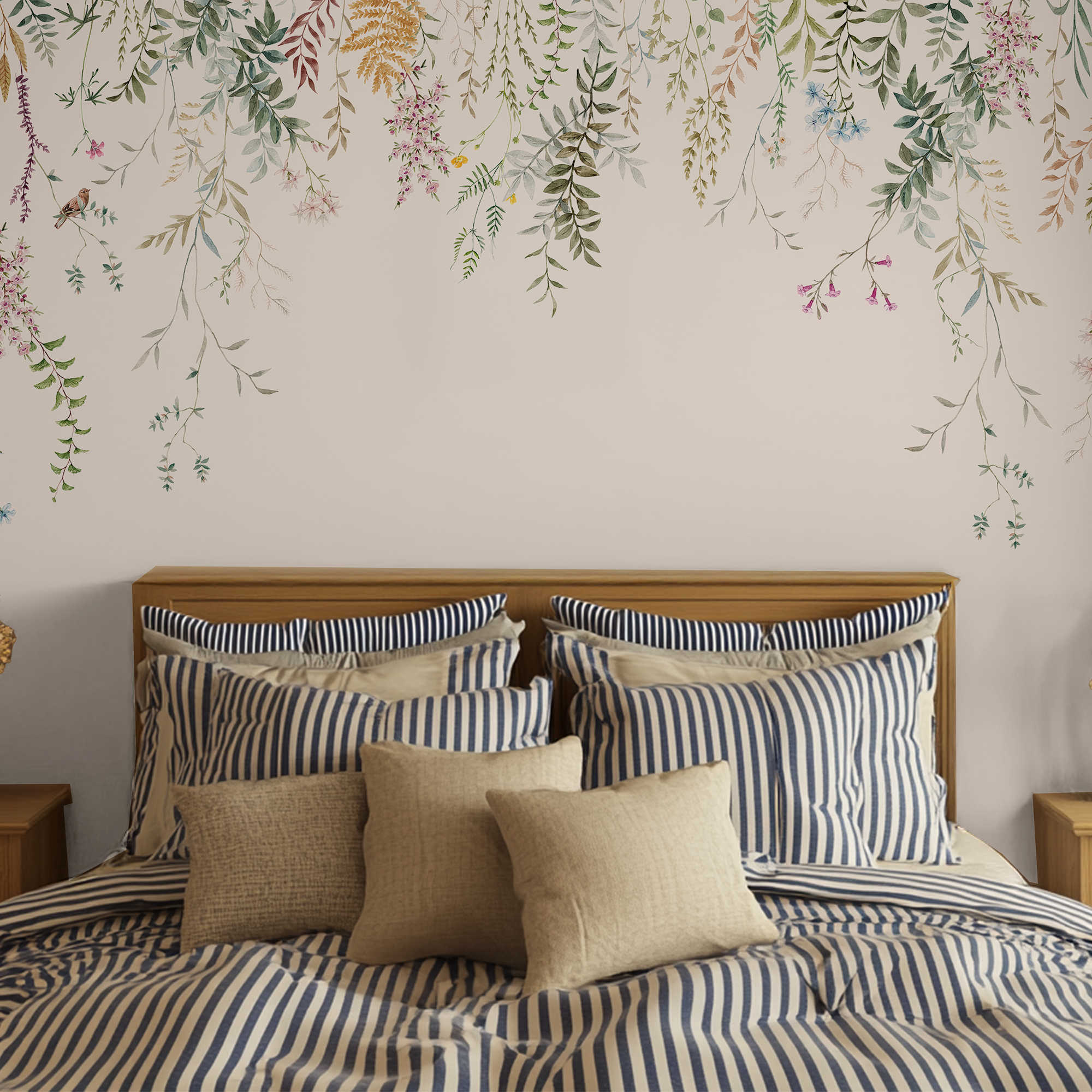 Wall Mural - Elegant Watercolor Botanical Foliage with Soft Hanging Florals - Removable Vinyl (Peel & Stick) - Made to Measure
