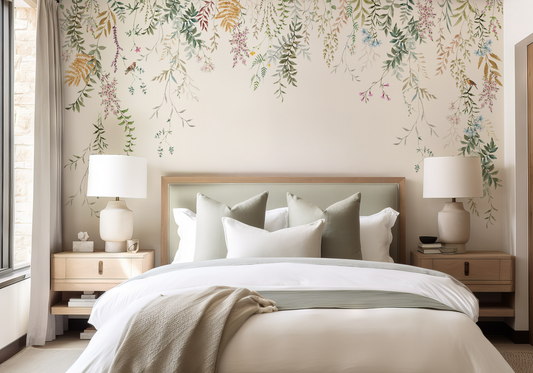 Neutral light bedroom with a plain white wallpaper with hanging florals.
