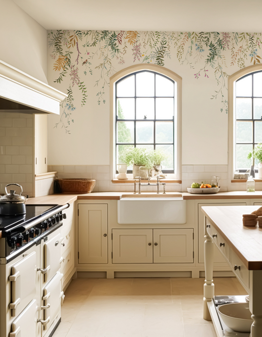 Cottage farmhouse kitchen with a plain white wallpaper with hanging florals.