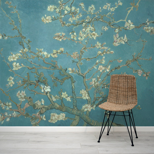 Almond Blossom Van Gogh Mural with Rattan Chair