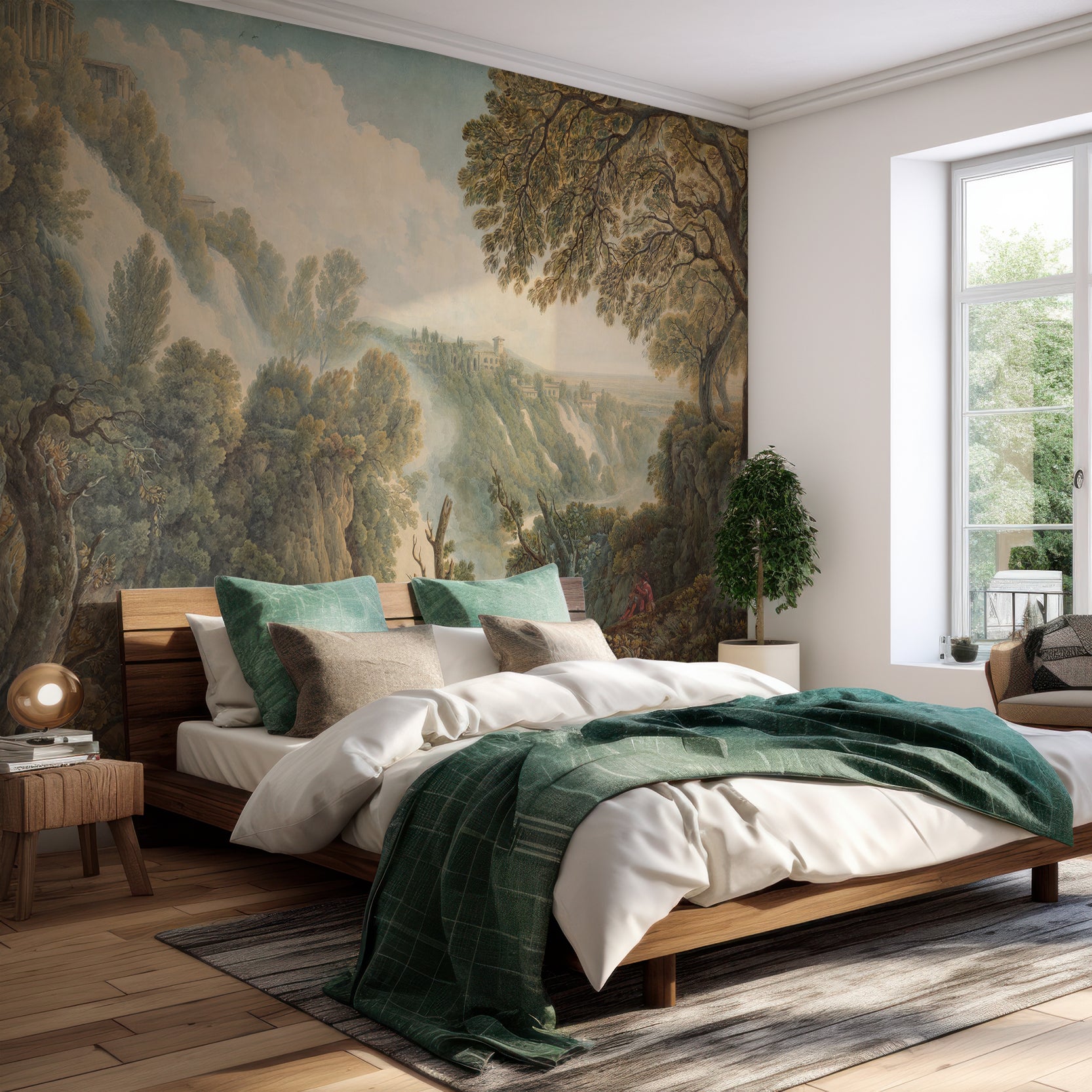 Wall Mural - Wooded Mountain Landscape By Waterfall - Traditional Wallpaper (Paste-the-wall) - Made to Measure
