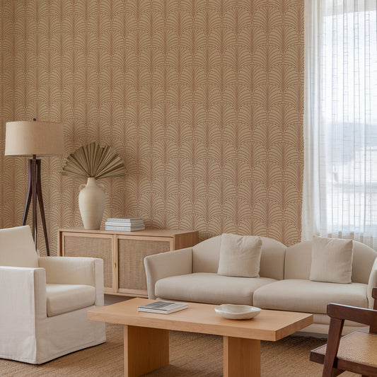 Anias Wallpaper in a living room with beige sofa, armchair, and coffee table against a patterned wall.