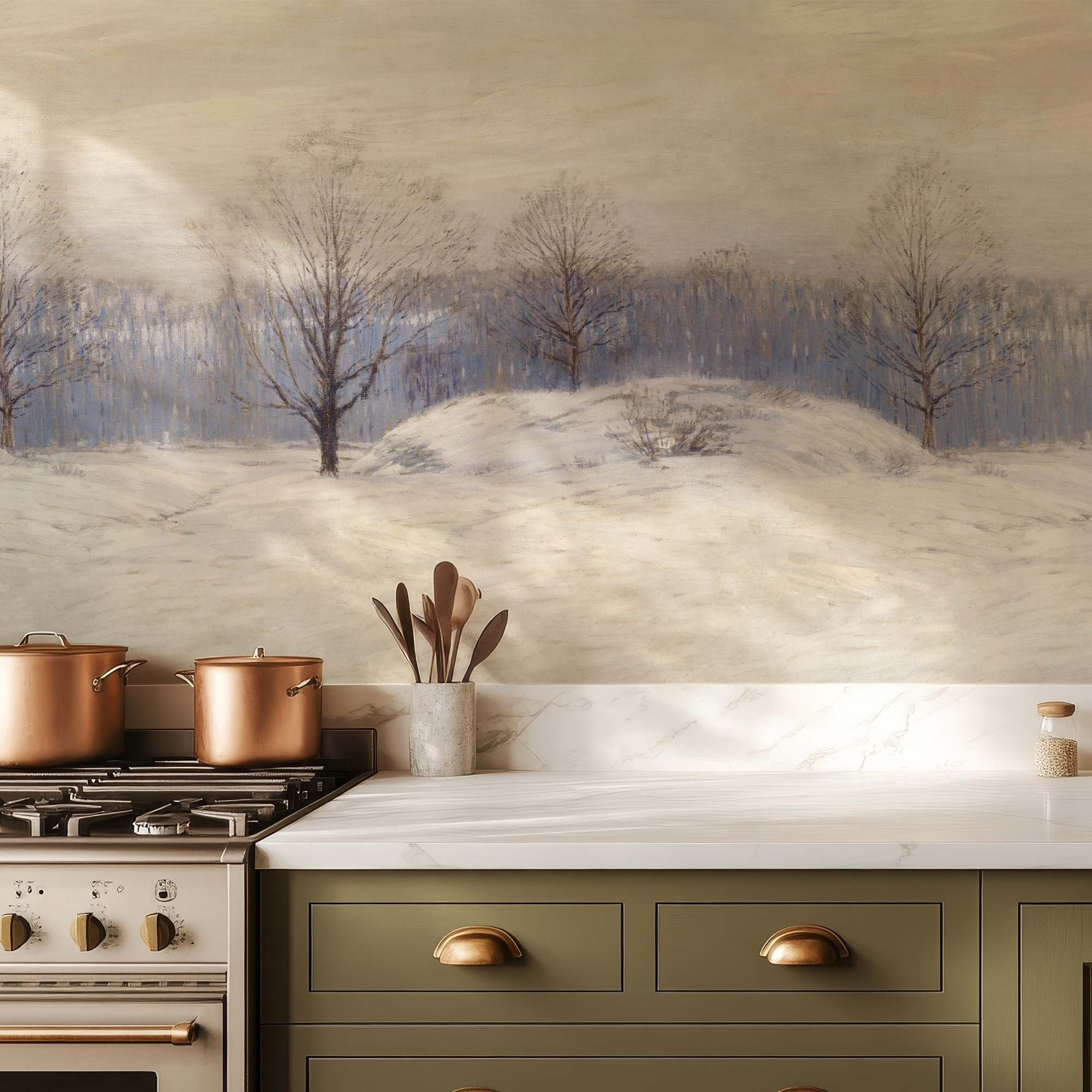 Wall Mural - Early Winter Morning Rural Landscape Painting - Traditional Wallpaper (Paste-the-wall) - Made to Measure