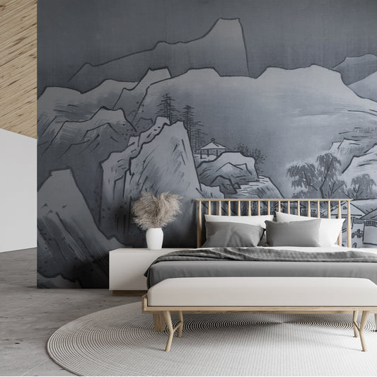 Ancient Japan Wallpaper In Bedroom With Grey Bed