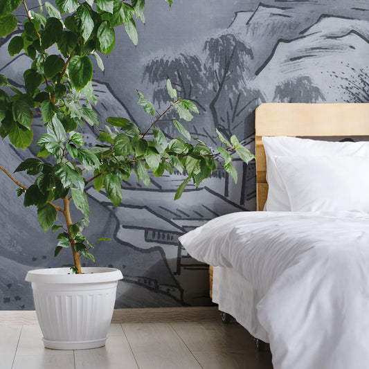 Ancient Japan Wallpaper In Bedroom With Large Green Plant