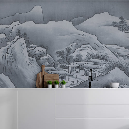 Ancient Japan Wallpaper In Kitchen With White Worktop