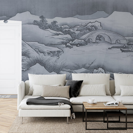 Ancient Japan Wallpaper In Living Room With Large White Sofa