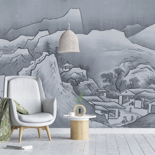 Ancient Japan Wallpaper In Lounge With Grey Chair