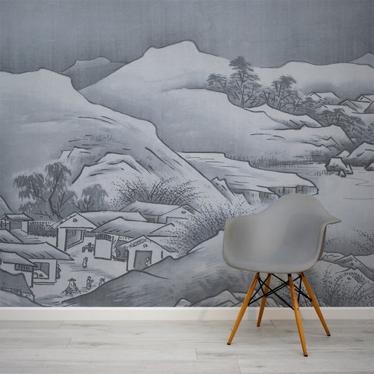 Ancient Japan Wallpaper In Room With Grey Chair