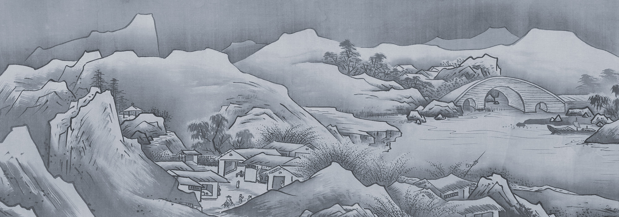 Japon Ancien - Papier Peint Mural Japonais Gris Soie à l'Encre du 17ème Siècle