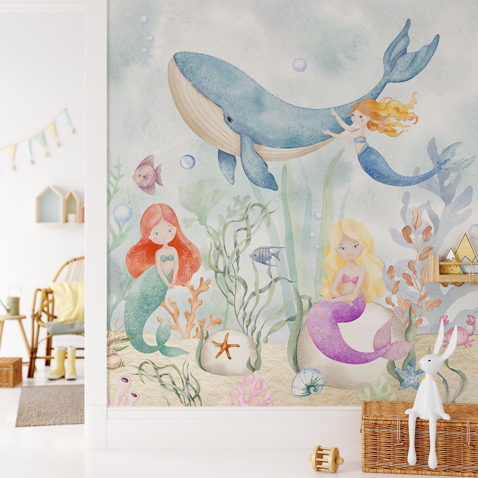 Wall Mural - Mermaid Watercolour Ocean - Traditional Wallpaper (Paste-the-wall) - Made to Measure