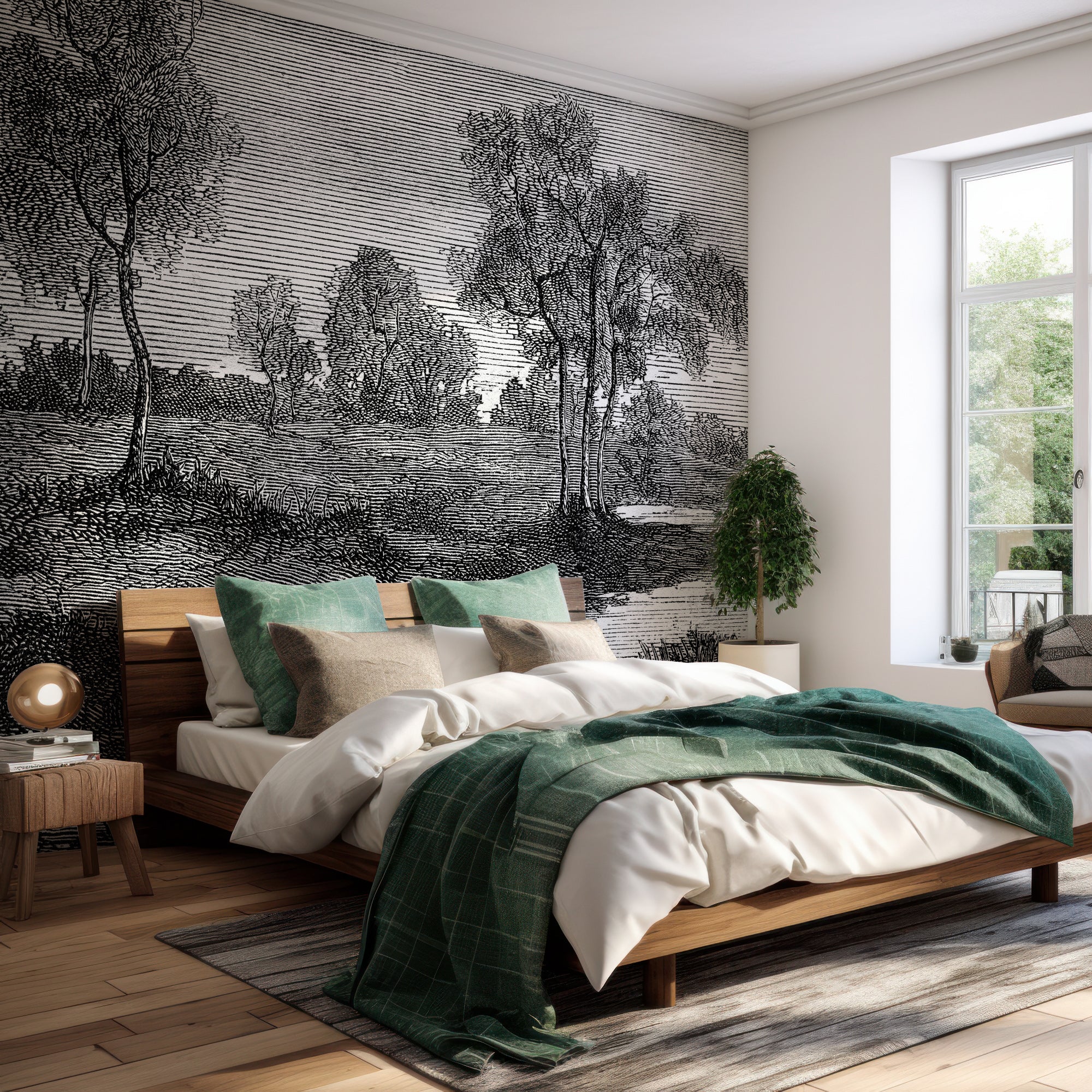 Wall Mural - Vintage Drawing Etching River Scene - Traditional Wallpaper (Paste-the-wall) - Made to Measure