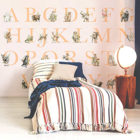 Animal Alphabet Beige in Bedroom With Single Stripy Bed & Light Up Globe
